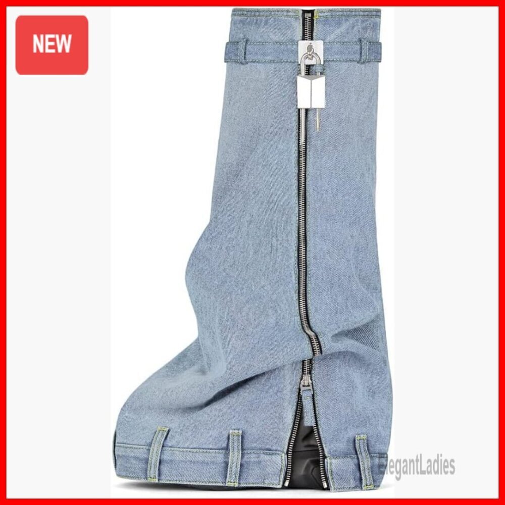 Platform Wedge Heel Knee High Denim Boots with Fold Over Design